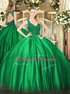 Dark Green Backless 15th Birthday Dress Beading and Lace Sleeveless Floor Length