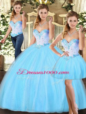 Baby Blue Lace Up Quinceanera Dresses Beading Sleeveless Floor Length