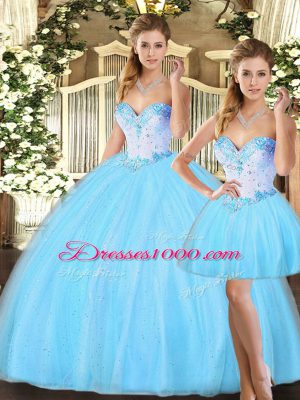 Baby Blue Lace Up Quinceanera Dresses Beading Sleeveless Floor Length