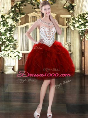 Scoop Sleeveless Prom Dresses Mini Length Beading and Ruffles Wine Red Organza