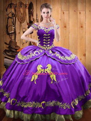 Custom Fit Off The Shoulder Sleeveless 15th Birthday Dress Floor Length Beading and Embroidery Purple Satin and Organza
