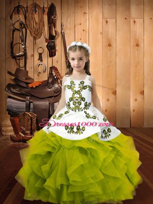 Olive Green Ball Gowns Organza Straps Sleeveless Embroidery and Ruffles Floor Length Lace Up Little Girl Pageant Gowns