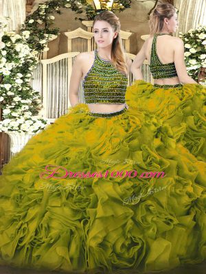 Olive Green Two Pieces Tulle Halter Top Sleeveless Beading and Ruffles Floor Length Zipper 15 Quinceanera Dress