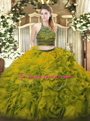 Olive Green Two Pieces Tulle Halter Top Sleeveless Beading and Ruffles Floor Length Zipper 15 Quinceanera Dress