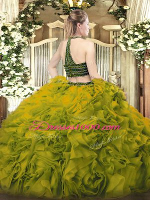 Olive Green Two Pieces Tulle Halter Top Sleeveless Beading and Ruffles Floor Length Zipper 15 Quinceanera Dress