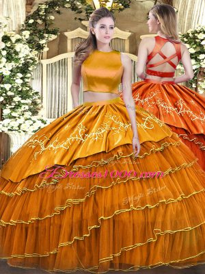 Orange Two Pieces High-neck Sleeveless Tulle Floor Length Criss Cross Ruffled Layers Quinceanera Gowns