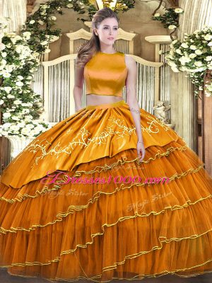 Orange Two Pieces High-neck Sleeveless Tulle Floor Length Criss Cross Ruffled Layers Quinceanera Gowns