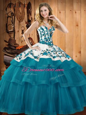 Beautiful Sweetheart Sleeveless Organza Vestidos de Quinceanera Embroidery Sweep Train Lace Up