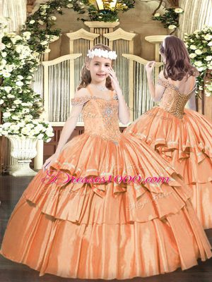 Eye-catching Off The Shoulder Sleeveless Pageant Gowns For Girls Floor Length Beading and Ruffled Layers Orange Organza