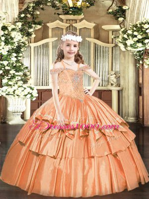 Eye-catching Off The Shoulder Sleeveless Pageant Gowns For Girls Floor Length Beading and Ruffled Layers Orange Organza