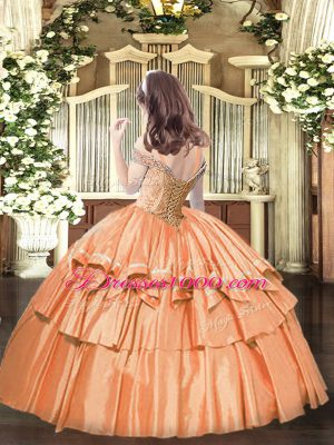 Eye-catching Off The Shoulder Sleeveless Pageant Gowns For Girls Floor Length Beading and Ruffled Layers Orange Organza