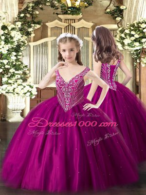 Fuchsia Tulle Lace Up Kids Pageant Dress Sleeveless Floor Length Beading