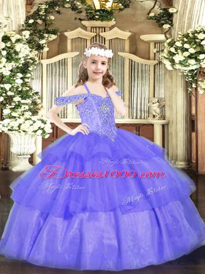 Best Floor Length Lace Up Little Girls Pageant Gowns Lavender for Party and Quinceanera with Beading and Ruffled Layers