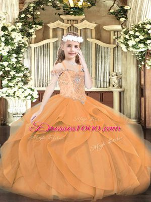 Exquisite Orange Sleeveless Beading and Ruffles Floor Length Pageant Gowns For Girls