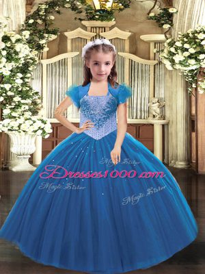 Blue Straps Lace Up Beading Girls Pageant Dresses Sleeveless