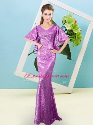Sophisticated Mermaid Evening Dress Lilac V-neck Sequined Half Sleeves Floor Length Zipper