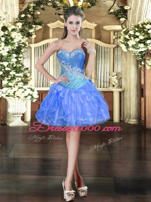 Blue Organza Lace Up Prom Dress Sleeveless Mini Length Beading and Ruffles