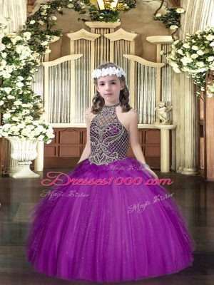 Purple Halter Top Neckline Beading and Ruffles Girls Pageant Dresses Sleeveless Lace Up