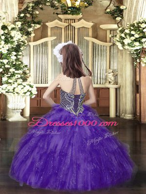 Purple Halter Top Neckline Beading and Ruffles Girls Pageant Dresses Sleeveless Lace Up