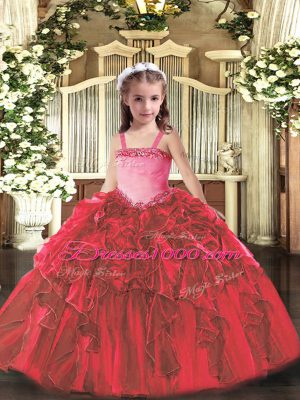 Red Straps Lace Up Appliques and Ruffles Pageant Gowns For Girls Sleeveless