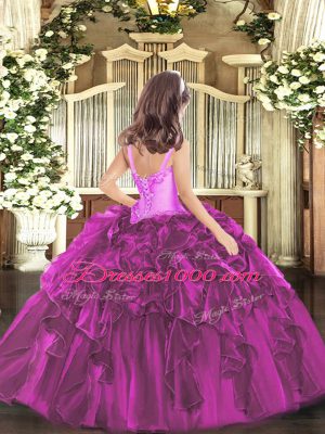 Red Straps Lace Up Appliques and Ruffles Pageant Gowns For Girls Sleeveless