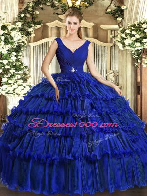 Royal Blue Ball Gowns V-neck Sleeveless Organza Floor Length Backless Beading and Ruffled Layers 15th Birthday Dress