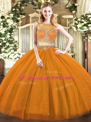 Rust Red Two Pieces Tulle Scoop Sleeveless Beading Floor Length Zipper Sweet 16 Quinceanera Dress