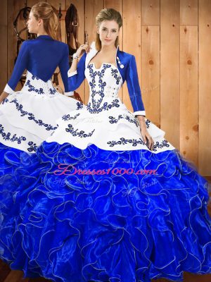 Smart Sleeveless Floor Length Embroidery and Ruffles Lace Up Quince Ball Gowns with Blue And White