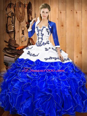 Smart Sleeveless Floor Length Embroidery and Ruffles Lace Up Quince Ball Gowns with Blue And White