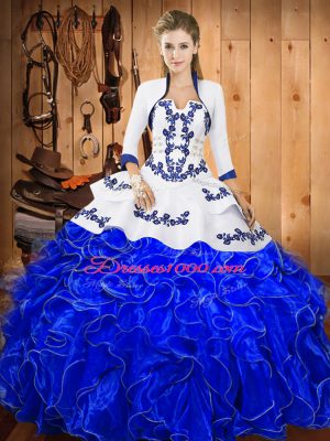 Smart Sleeveless Floor Length Embroidery and Ruffles Lace Up Quince Ball Gowns with Blue And White