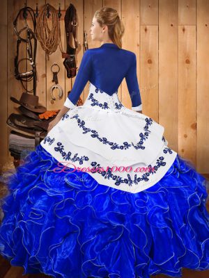 Smart Sleeveless Floor Length Embroidery and Ruffles Lace Up Quince Ball Gowns with Blue And White