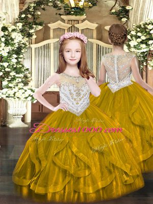 Scoop Sleeveless Little Girls Pageant Dress Wholesale Floor Length Beading and Ruffles Brown Tulle