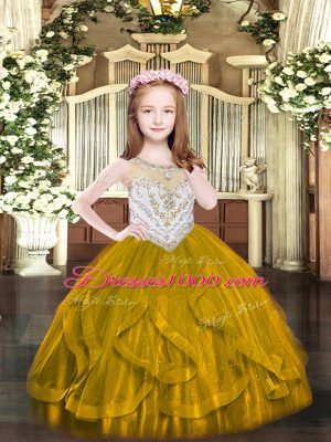 Scoop Sleeveless Little Girls Pageant Dress Wholesale Floor Length Beading and Ruffles Brown Tulle