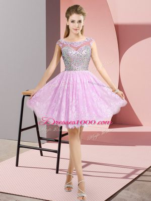 Latest Lilac Backless Dress for Prom Beading Cap Sleeves Mini Length