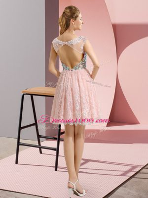 Latest Lilac Backless Dress for Prom Beading Cap Sleeves Mini Length