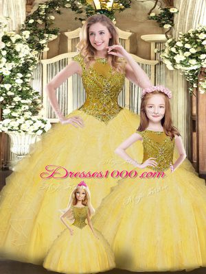 Gold Sleeveless Beading and Ruffles Floor Length 15 Quinceanera Dress