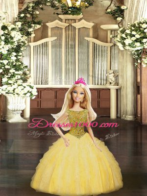 Gold Sleeveless Beading and Ruffles Floor Length 15 Quinceanera Dress