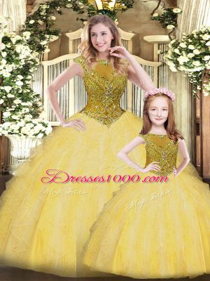 Gold Sleeveless Beading and Ruffles Floor Length 15 Quinceanera Dress