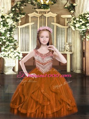 Amazing Rust Red Lace Up Scoop Beading and Ruffles Party Dress Tulle Sleeveless