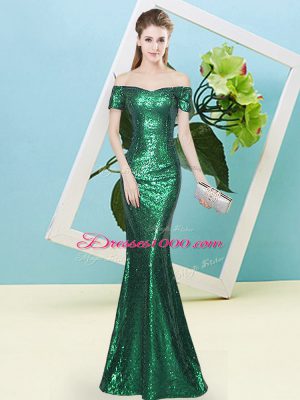 Dark Green Zipper Prom Evening Gown Sequins Short Sleeves Floor Length