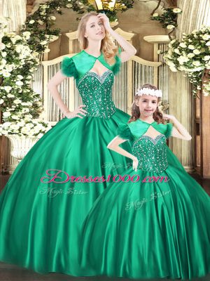 Excellent Green Sleeveless Floor Length Beading Lace Up Quinceanera Gowns