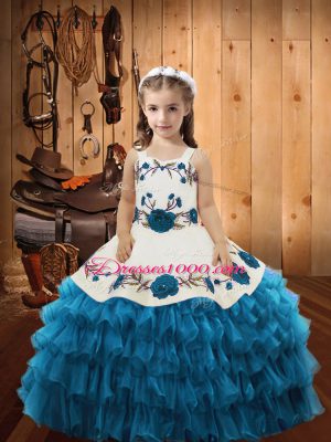 Straps Sleeveless Lace Up Little Girls Pageant Dress Teal Organza
