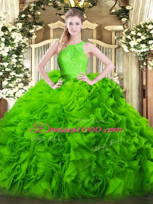 Super Fabric With Rolling Flowers Zipper Scoop Sleeveless Floor Length Sweet 16 Quinceanera Dress Lace