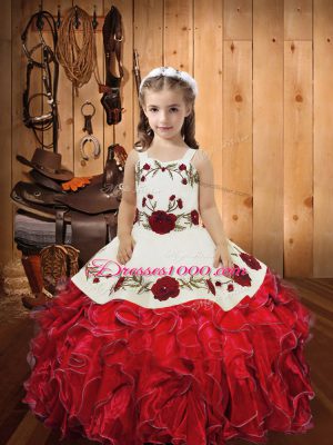 Simple Ball Gowns Pageant Dress Toddler Red Straps Organza Sleeveless Floor Length Lace Up