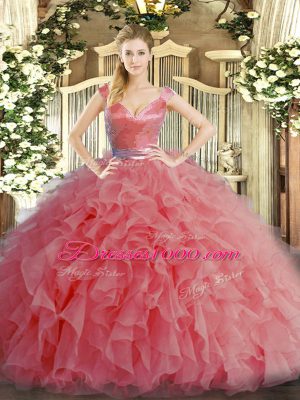 Eye-catching Organza V-neck Sleeveless Zipper Ruffles Vestidos de Quinceanera in Watermelon Red