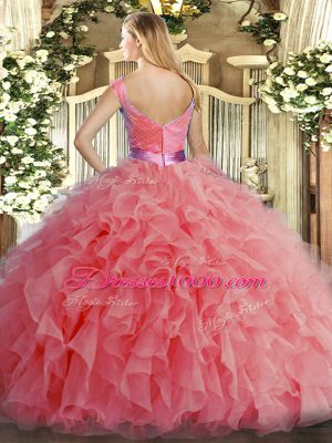 Eye-catching Organza V-neck Sleeveless Zipper Ruffles Vestidos de Quinceanera in Watermelon Red