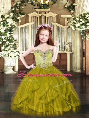 Customized Olive Green Ball Gowns Beading and Ruffles Pageant Gowns For Girls Lace Up Tulle Sleeveless Floor Length
