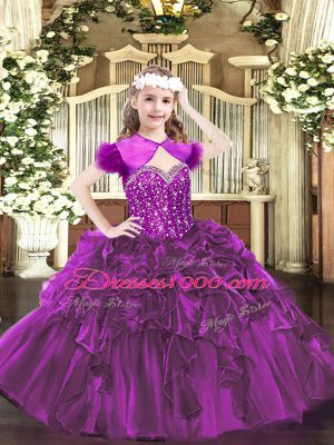 Ball Gowns Party Dress Fuchsia Straps Organza Sleeveless Floor Length Lace Up