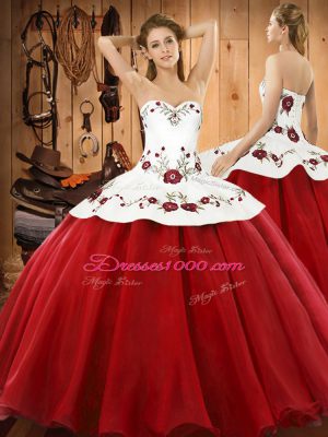 Flare Embroidery Sweet 16 Quinceanera Dress Wine Red Lace Up Sleeveless Floor Length