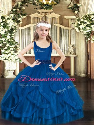 Ball Gowns Little Girl Pageant Dress Royal Blue Scoop Tulle Sleeveless Floor Length Zipper